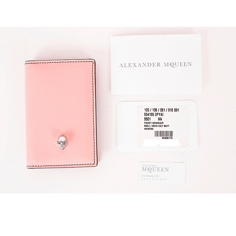 NEW $495 ALEXANDER MCQUEEN Pink Leather Silver Skull POCKET ORGANIZER CARD CASE