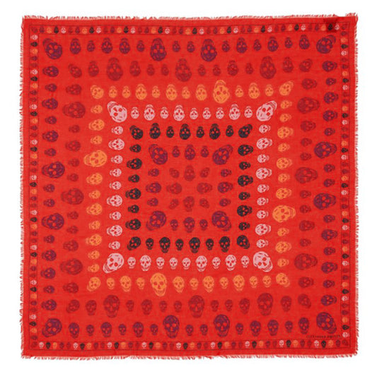 NEW $545 ALEXANDER MCQUEEN Red "Multiskull Box" SKULL Modal Silk Shawl SCARF