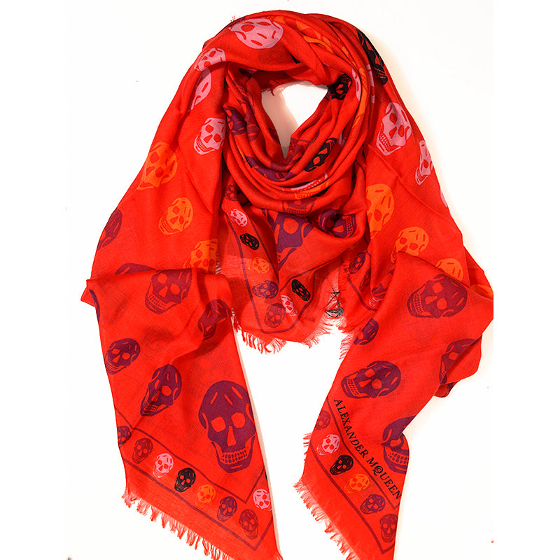 NEW $545 ALEXANDER MCQUEEN Red "Multiskull Box" SKULL Modal Silk Shawl SCARF