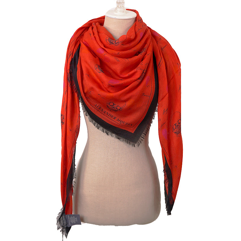 NEW $645 ALEXANDER MCQUEEN Red Petal SKULL Print Modal Wool Shawl SCARF