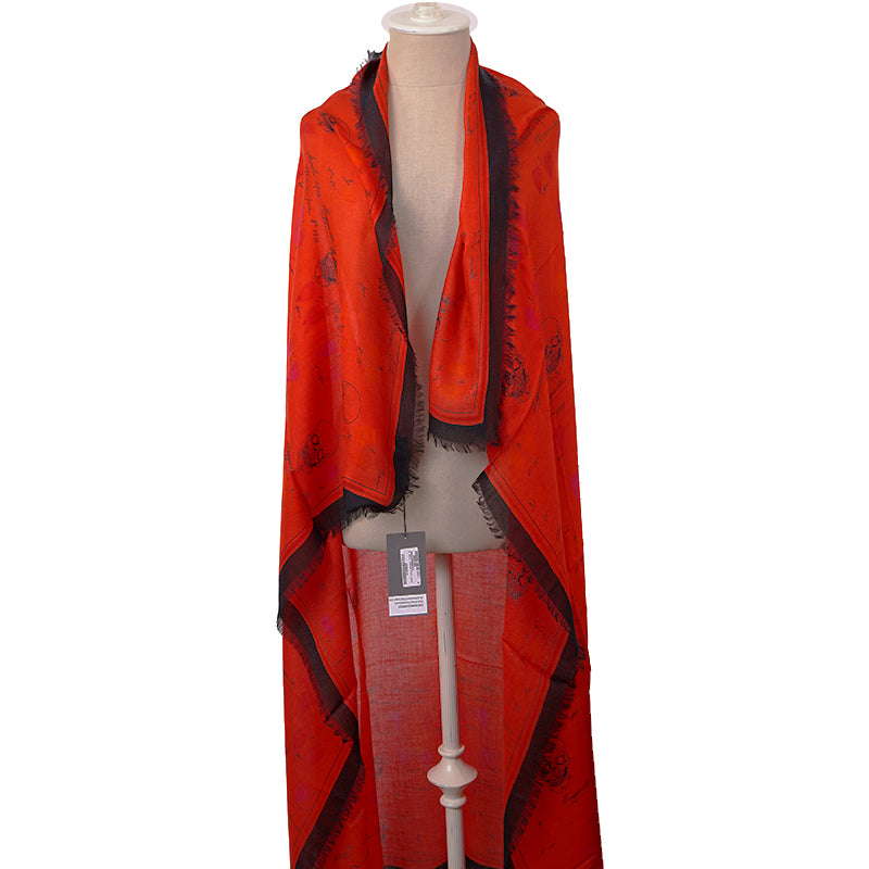NEW $645 ALEXANDER MCQUEEN Red Petal SKULL Print Modal Wool Shawl SCARF