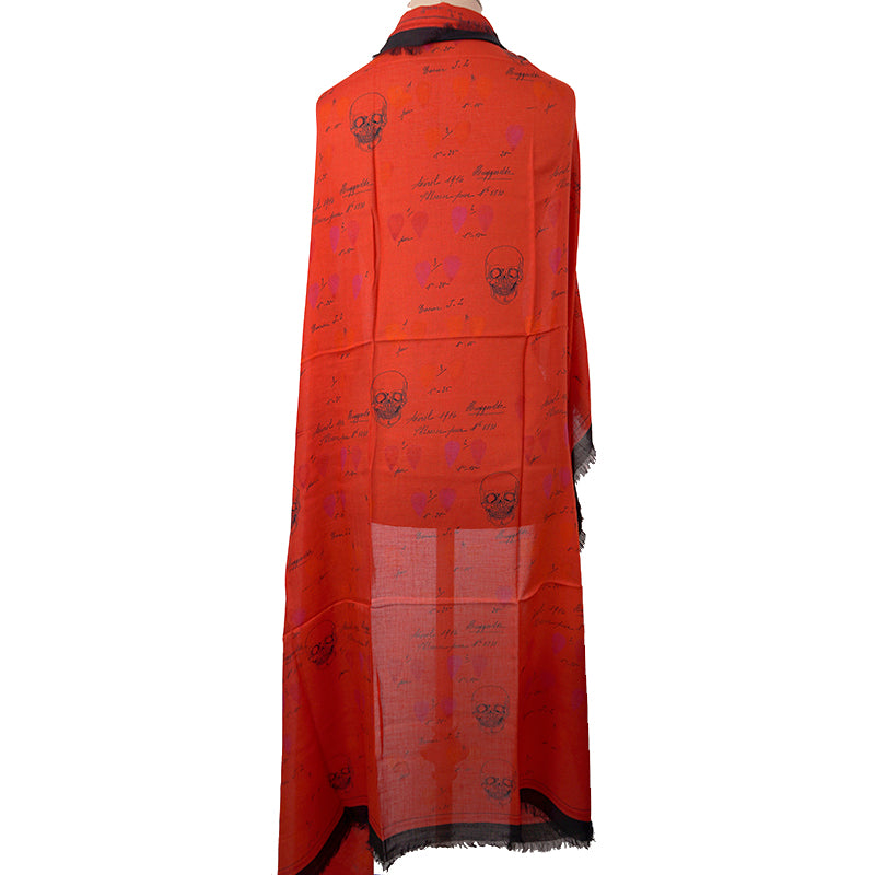 NEW $645 ALEXANDER MCQUEEN Red Petal SKULL Print Modal Wool Shawl SCARF