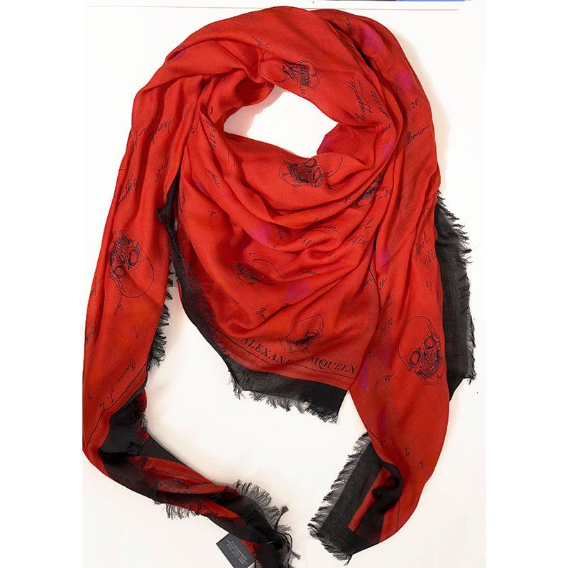 NEW $645 ALEXANDER MCQUEEN Red Petal SKULL Print Modal Wool Shawl SCARF