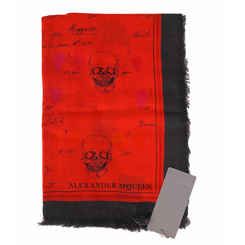 NEW $645 ALEXANDER MCQUEEN Red Petal SKULL Print Modal Wool Shawl SCARF