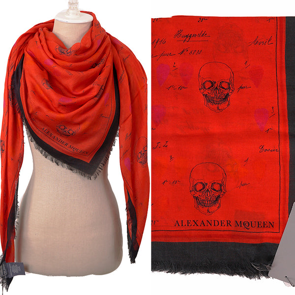 NEW $645 ALEXANDER MCQUEEN Red Petal SKULL Print Modal Wool Shawl SCARF