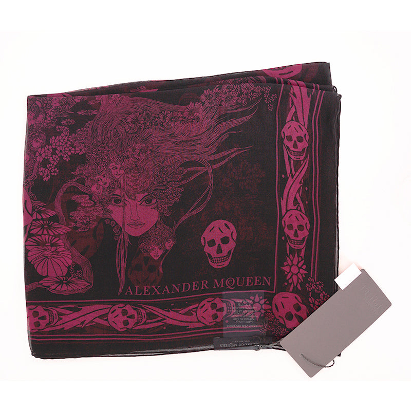NEW $495 ALEXANDER MCQUEEN Black ART DECO OPHELIA SKULL Purple Print Silk SCARF