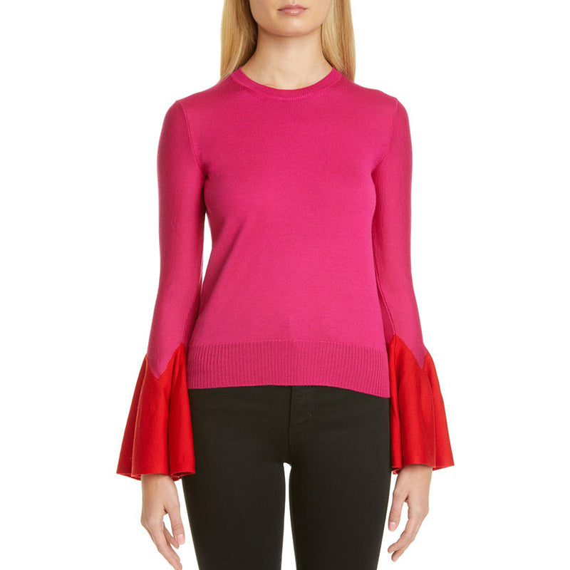 SZ S NEW $1,120 ALEXANDER MCQUEEN Pink RED FLARED SLEEVE Wool Crew Neck SWEATER