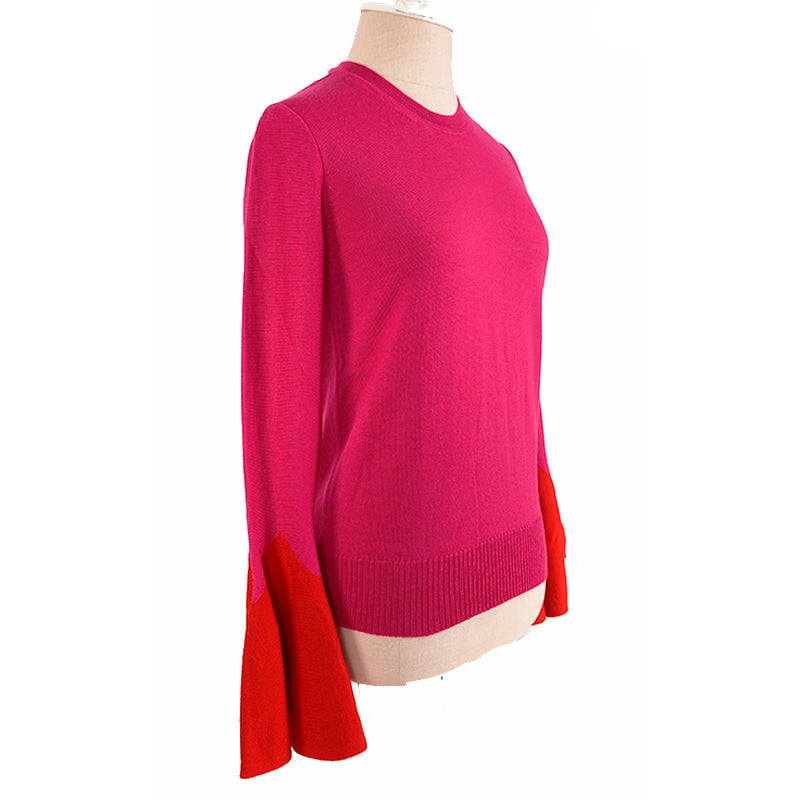 SZ S NEW $1,120 ALEXANDER MCQUEEN Pink RED FLARED SLEEVE Wool Crew Neck SWEATER