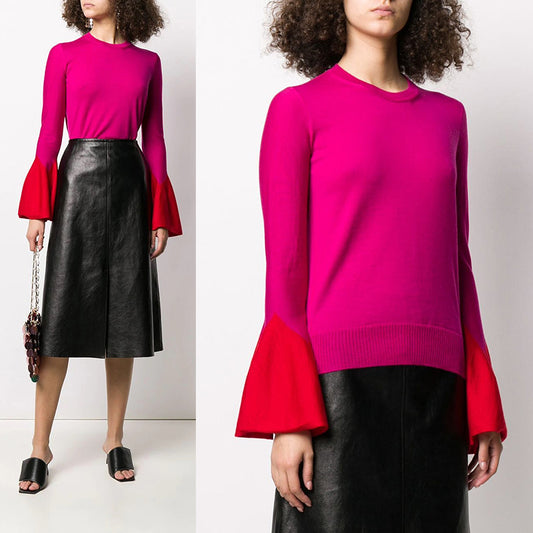 SZ S NEW $1,120 ALEXANDER MCQUEEN Pink RED FLARED SLEEVE Wool Crew Neck SWEATER