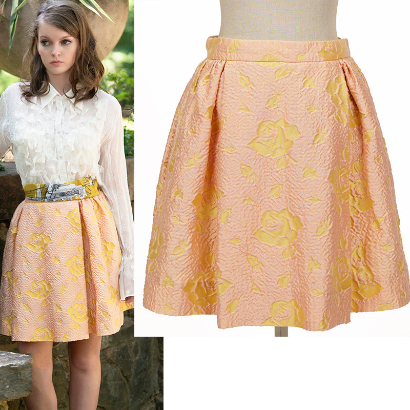 sz 36 US 0 NEW $1200 MIU MIU Peach YELLOW VINTAGE FLORAL JACQUARD A Frame SKIRT