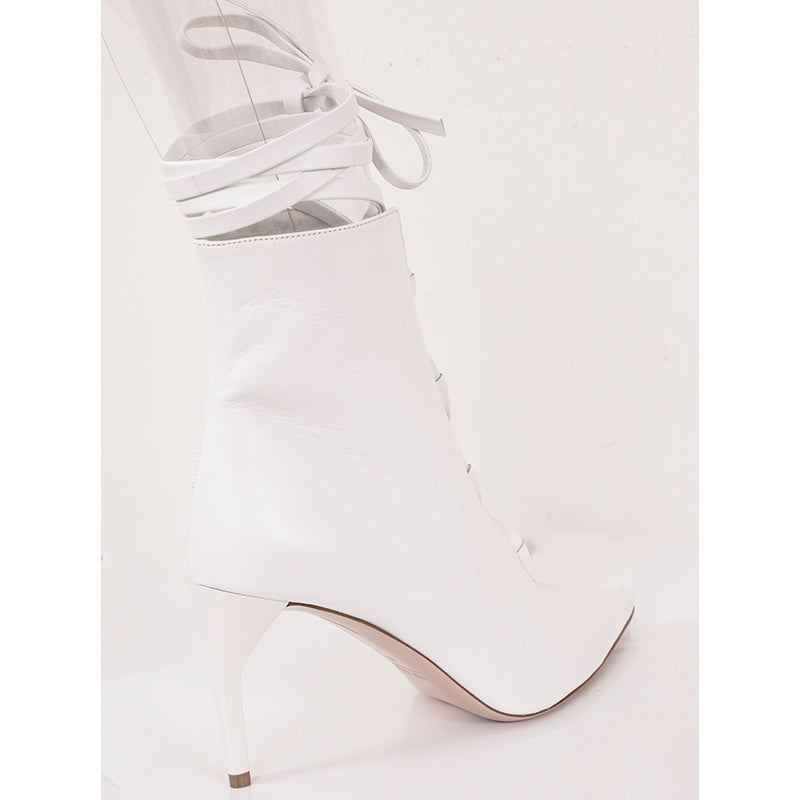 Sz 40 NEW $950 MIU MIU White Lace-up LEATHER Point Toe Stiletto Heel ANKLE BOOTS