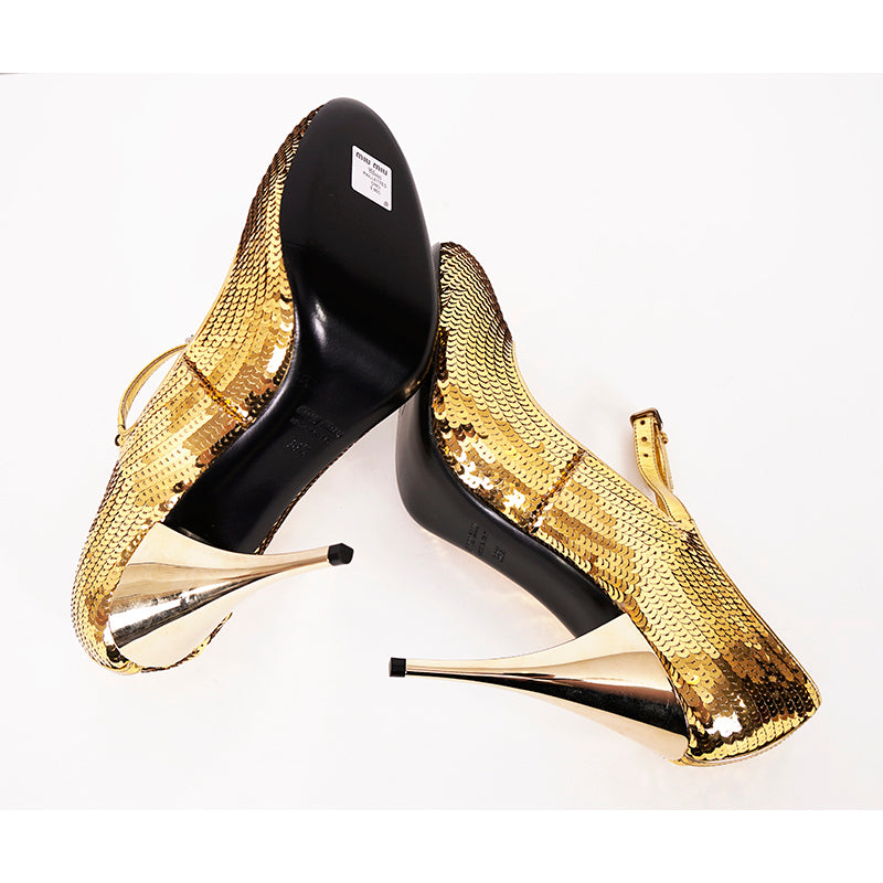 36.5 NEW $890 MIU MIU Gold Sequin METALLIC MIRROR SPIKE HEELS Mary Jane PUMPS