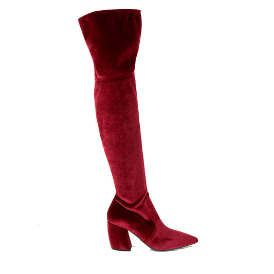 sz 37.5 NEW $1100 PRADA Red STRETCH VELVET OTK Point Toe Fitted BOOTS
