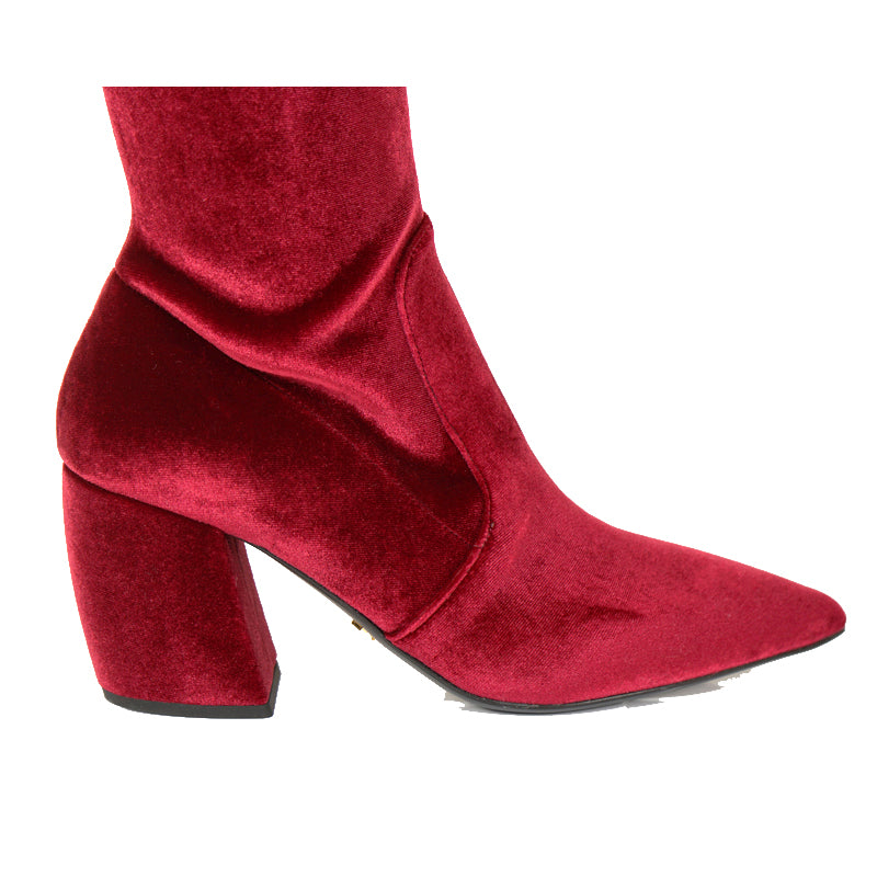 sz 37.5 NEW $1100 PRADA Red STRETCH VELVET OTK Point Toe Fitted BOOTS