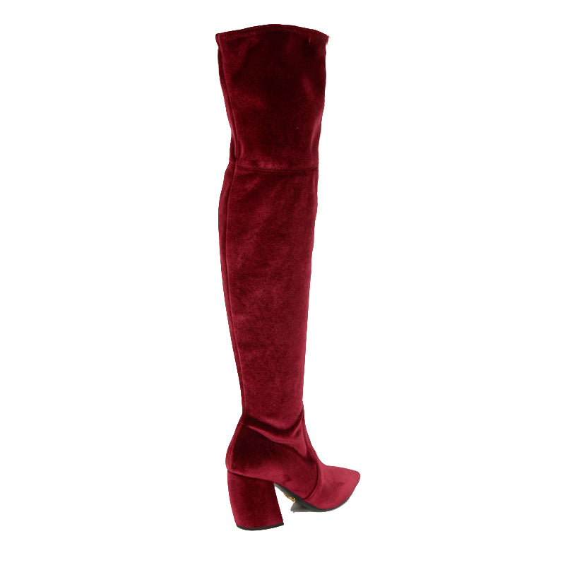sz 37.5 NEW $1100 PRADA Red STRETCH VELVET OTK Point Toe Fitted BOOTS