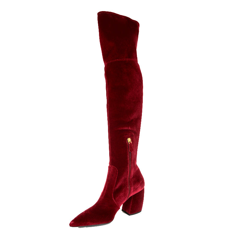 sz 37.5 NEW $1100 PRADA Red STRETCH VELVET OTK Point Toe Fitted BOOTS