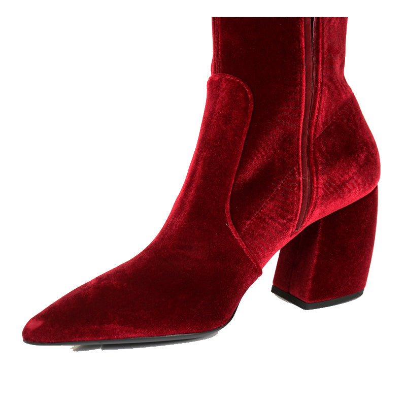 sz 37.5 NEW $1100 PRADA Red STRETCH VELVET OTK Point Toe Fitted BOOTS