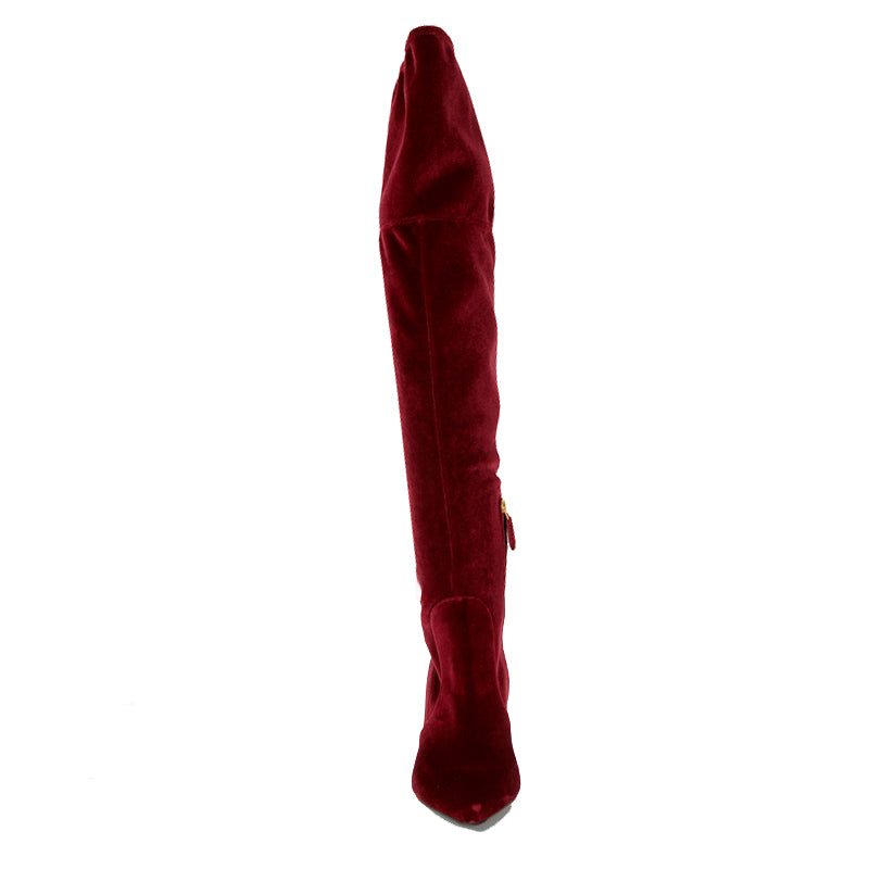 sz 37.5 NEW $1100 PRADA Red STRETCH VELVET OTK Point Toe Fitted BOOTS