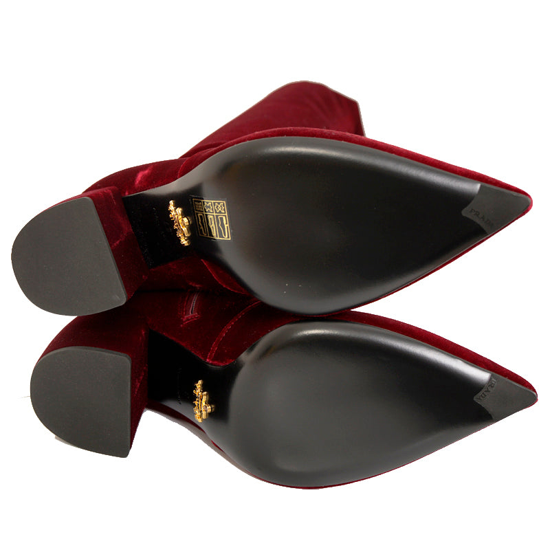 sz 37.5 NEW $1100 PRADA Red STRETCH VELVET OTK Point Toe Fitted BOOTS