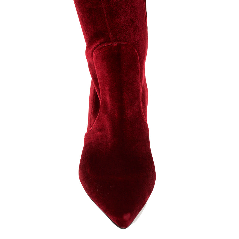 sz 37.5 NEW $1100 PRADA Red STRETCH VELVET OTK Point Toe Fitted BOOTS