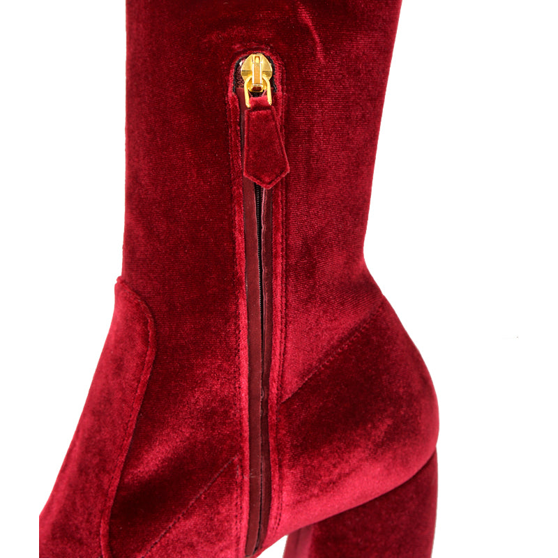sz 37.5 NEW $1100 PRADA Red STRETCH VELVET OTK Point Toe Fitted BOOTS