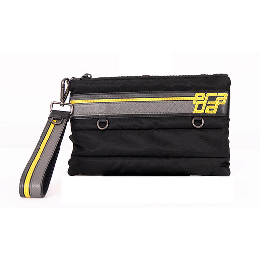 NEW $895 PRADA MENS Black Bomber YELLOW SAFFIANO LOGO WRISTLET Travel SPORTY BAG