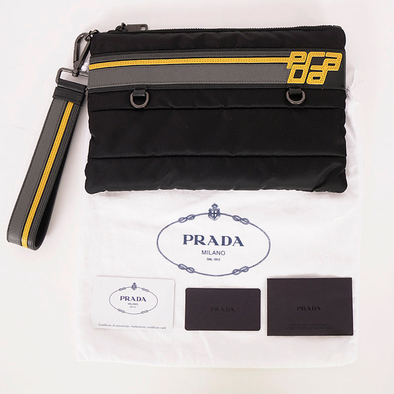 NEW $895 PRADA MENS Black Bomber YELLOW SAFFIANO LOGO WRISTLET Travel SPORTY BAG