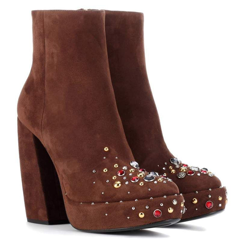 38.5 NEW $1,200 PRADA Brown Suede Chunky Heel PLATFORM ANKLE JEWEL TOE BOOTS 8