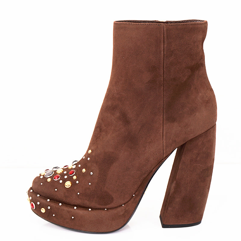 38.5 NEW $1,200 PRADA Brown Suede Chunky Heel PLATFORM ANKLE JEWEL TOE BOOTS 8