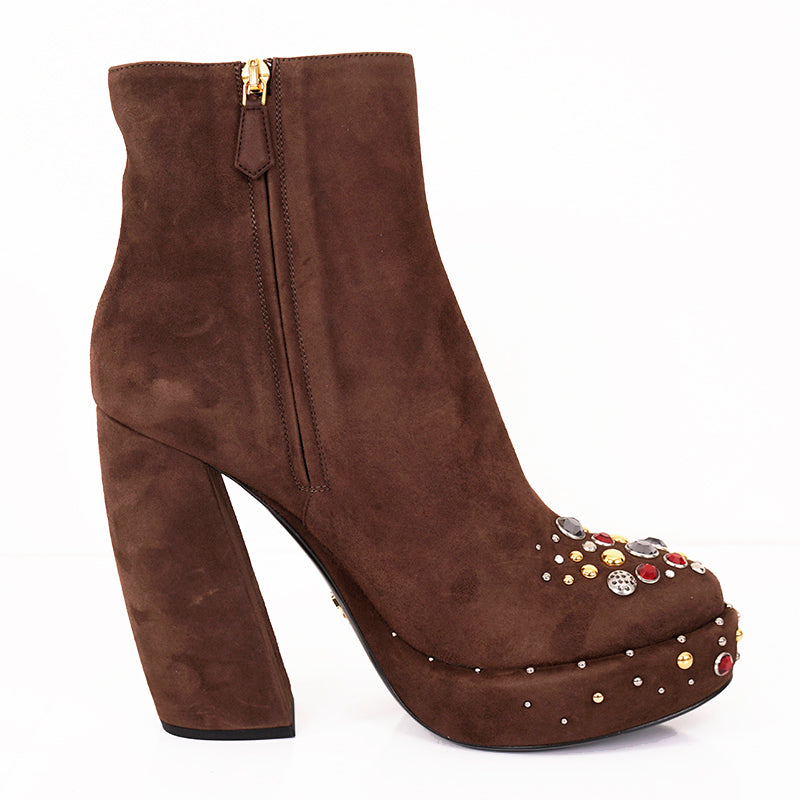 38.5 NEW $1,200 PRADA Brown Suede Chunky Heel PLATFORM ANKLE JEWEL TOE BOOTS 8