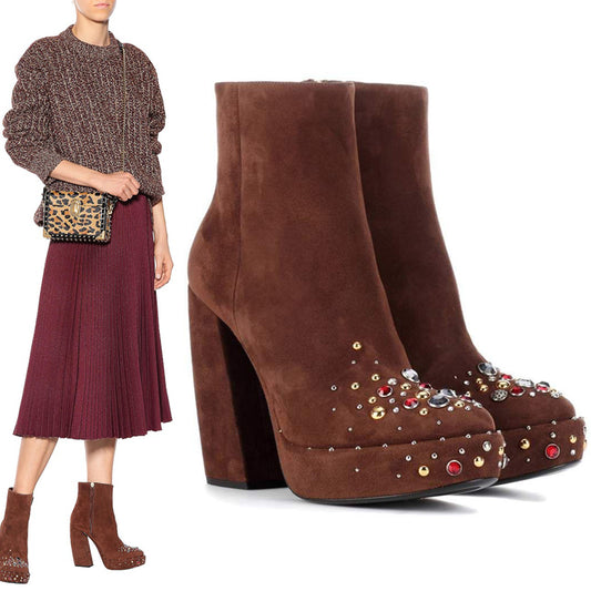 38.5 NEW $1,200 PRADA Brown Suede Chunky Heel PLATFORM ANKLE JEWEL TOE BOOTS 8