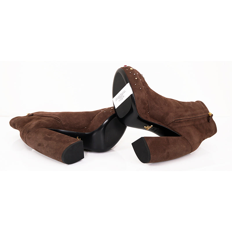 38.5 NEW $1,200 PRADA Brown Suede Chunky Heel PLATFORM ANKLE JEWEL TOE BOOTS 8