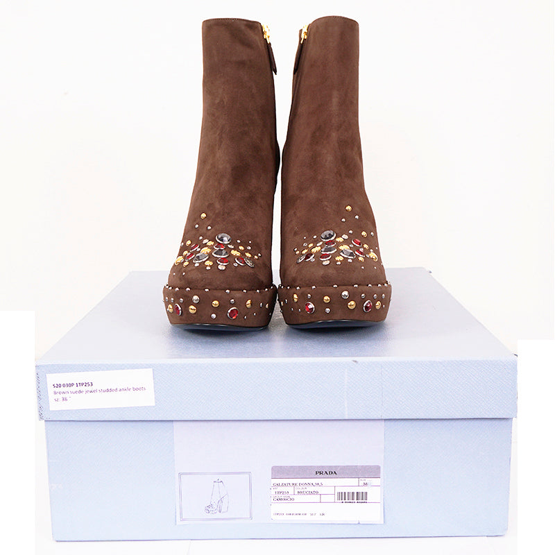 38.5 NEW $1,200 PRADA Brown Suede Chunky Heel PLATFORM ANKLE JEWEL TOE BOOTS 8