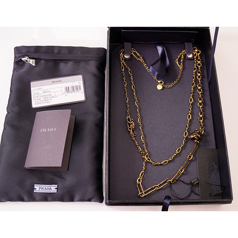 NEW $1190 PRADA Antiqued Brass MINI MONKEY & KOALA DOUBLE Charms CHAIN NECKLACE