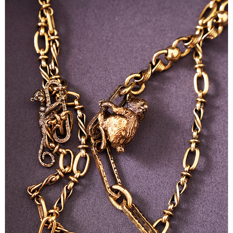 NEW $1190 PRADA Antiqued Brass MINI MONKEY & KOALA DOUBLE Charms CHAIN NECKLACE