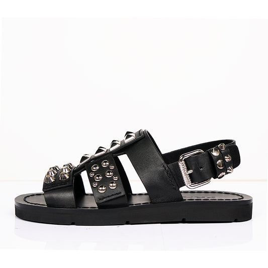 36.5 NEW $980 PRADA Black SILVER STUD Leather GLADIATOR Slingback Flats SANDALS