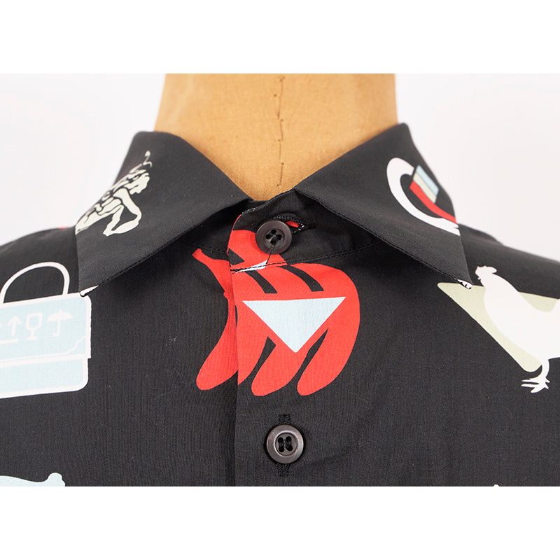 39 NEW $1,240 PRADA Runway Men's Black Sticker Design Short Sleeved Poplin SHIRT