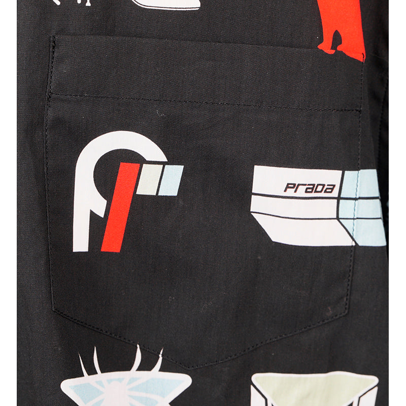 39 NEW $1,240 PRADA Runway Men's Black Sticker Design Short Sleeved Poplin SHIRT