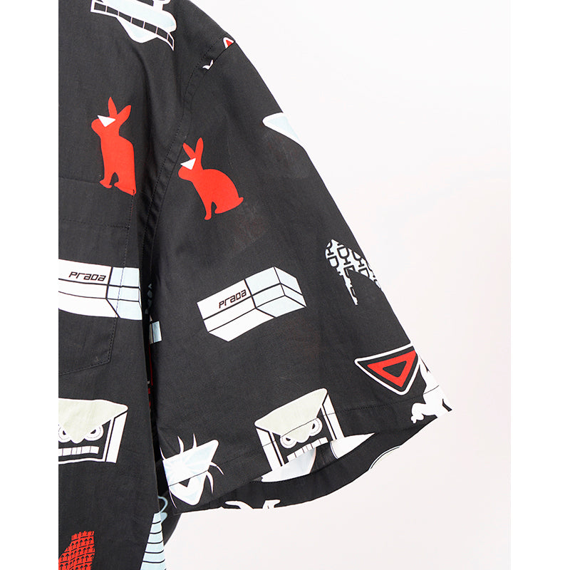 39 NEW $1,240 PRADA Runway Men's Black Sticker Design Short Sleeved Poplin SHIRT