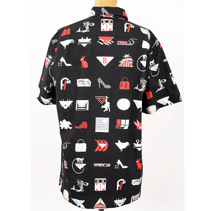 39 NEW $1,240 PRADA Runway Men's Black Sticker Design Short Sleeved Poplin SHIRT