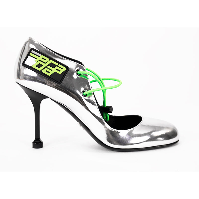 36.5 NEW $850 PRADA Runway Silver Leather RUBBER LOGO D'orsay High-heel PUMPS