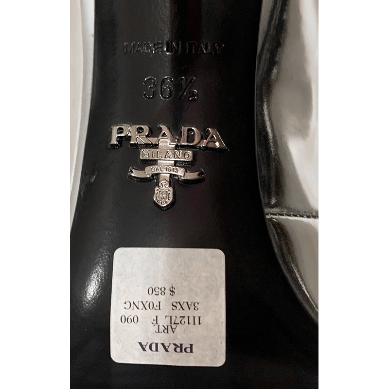 36.5 NEW $850 PRADA Runway Silver Leather RUBBER LOGO D'orsay High-heel PUMPS