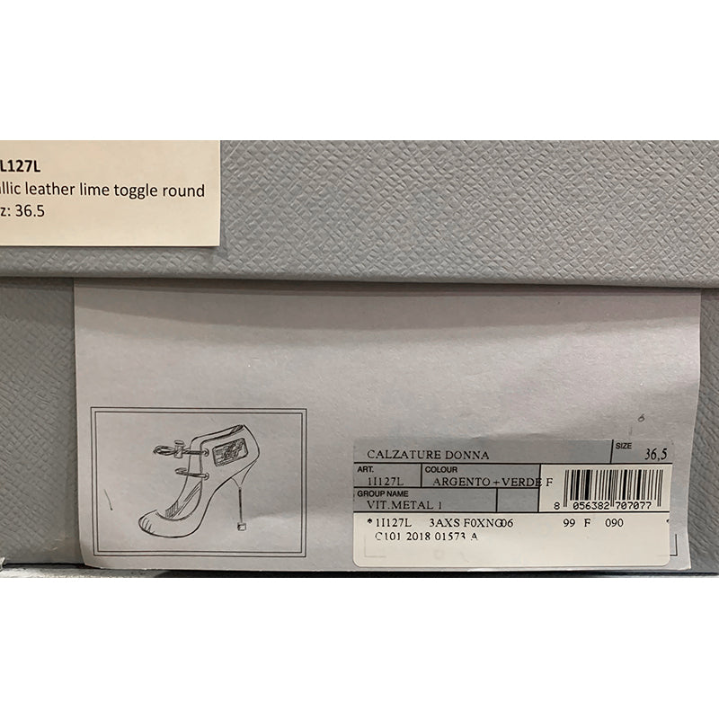 36.5 NEW $850 PRADA Runway Silver Leather RUBBER LOGO D'orsay High-heel PUMPS