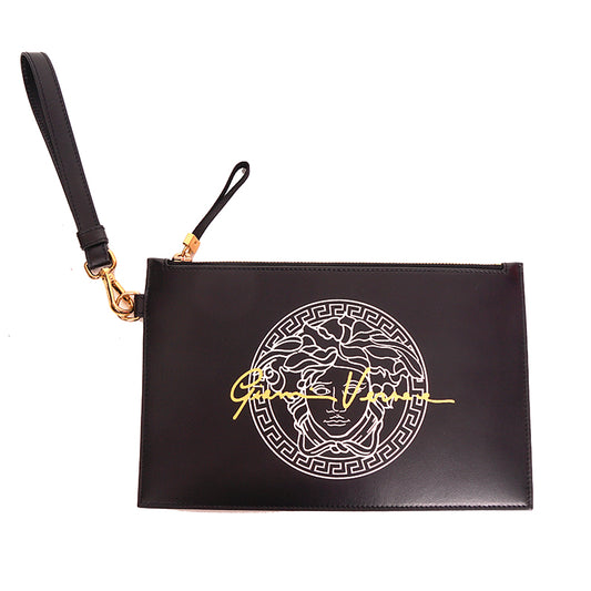 NEW $800 VERSACE Black Leather White LARGE MEDUSA LOGO Sleek Pouch WRISTLET BAG