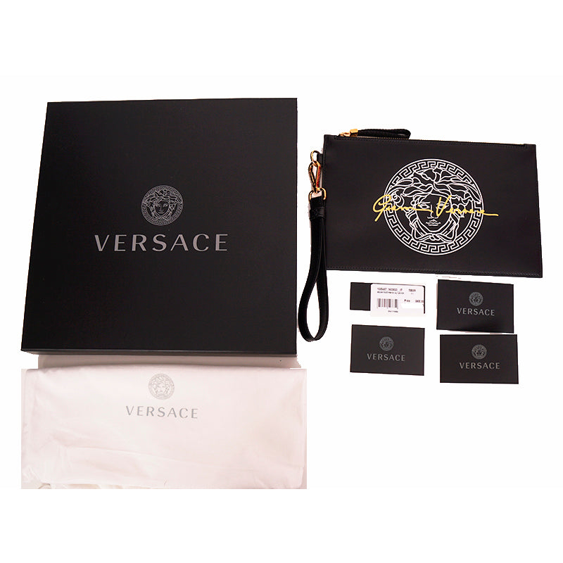 NEW $800 VERSACE Black Leather White LARGE MEDUSA LOGO Sleek Pouch WRISTLET BAG