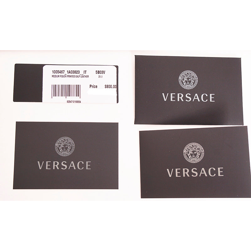 NEW $800 VERSACE Black Leather White LARGE MEDUSA LOGO Sleek Pouch WRISTLET BAG