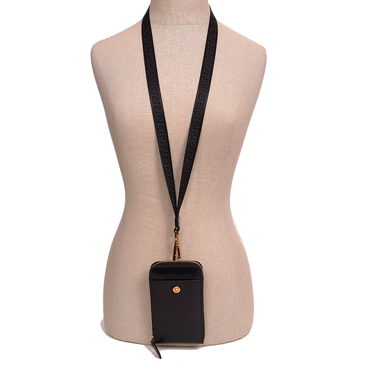 NEW $800 VERSACE Black Leather GOLD MEDUSA LOGO Phone Travel Pouch BAG & LANYARD