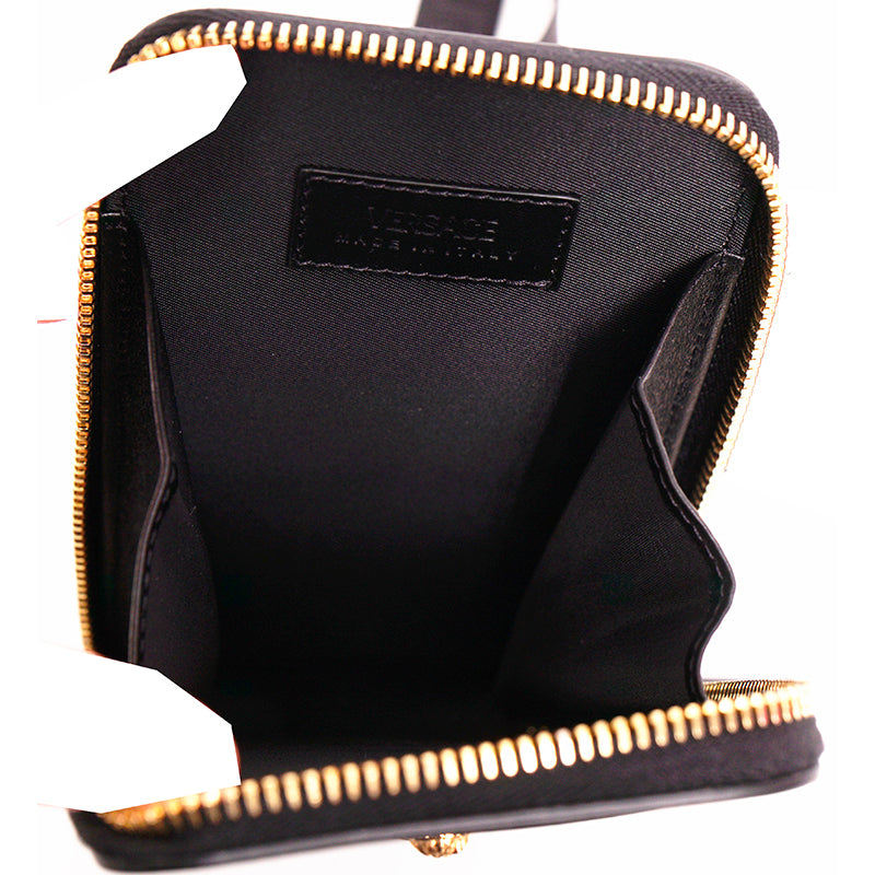 NEW $800 VERSACE Black Leather GOLD MEDUSA LOGO Phone Travel Pouch BAG & LANYARD
