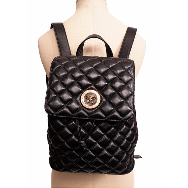 NEW $1,700 VERSACE Black Leather GOLD MEDUSA LOGO Quilted Lambskin BACKPACK BAG