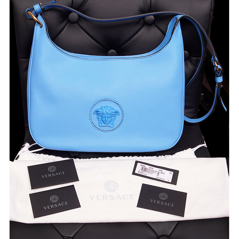 NEW $1,875 VERSACE Blue Leather LA MEDUSA Medium Hobo Convertible Strap BAG NWT